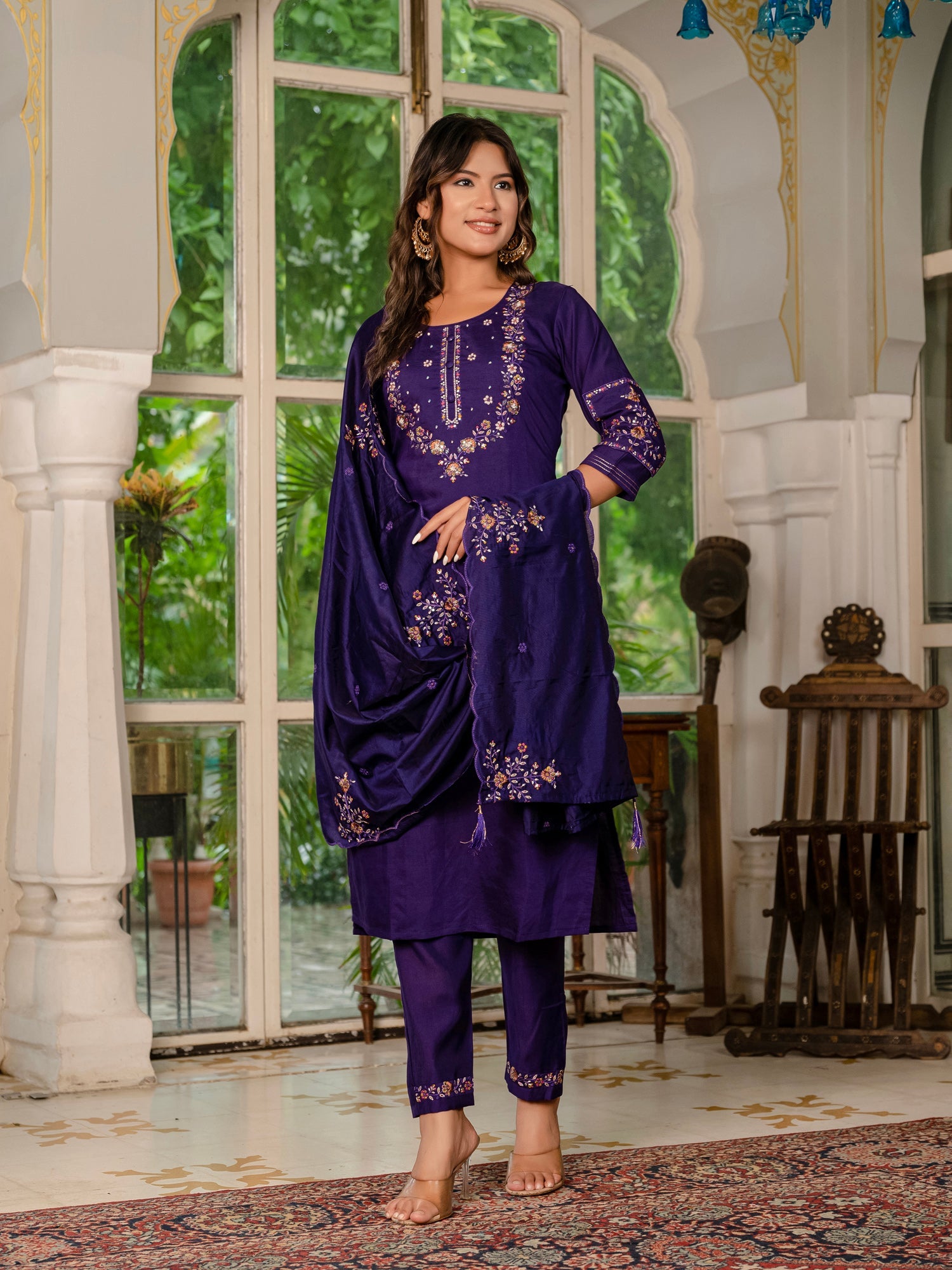 Lorenvalley Fashion Wine Marina Silk Multi Embroidery Thread,With Hand Work Kurta Pant Dupatta - Distacart