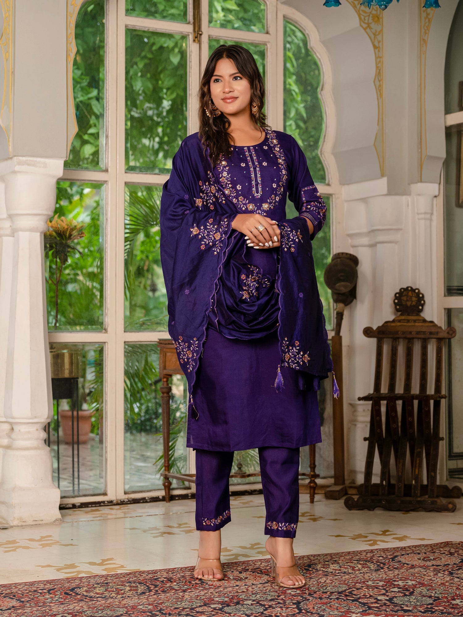 Lorenvalley Fashion Wine Marina Silk Multi Embroidery Thread,With Hand Work Kurta Pant Dupatta - Distacart