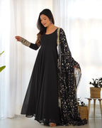 Lorenvalley Women Georgette Anarkali Gown Duppta Full Set With Pent Ready To Wear - Black