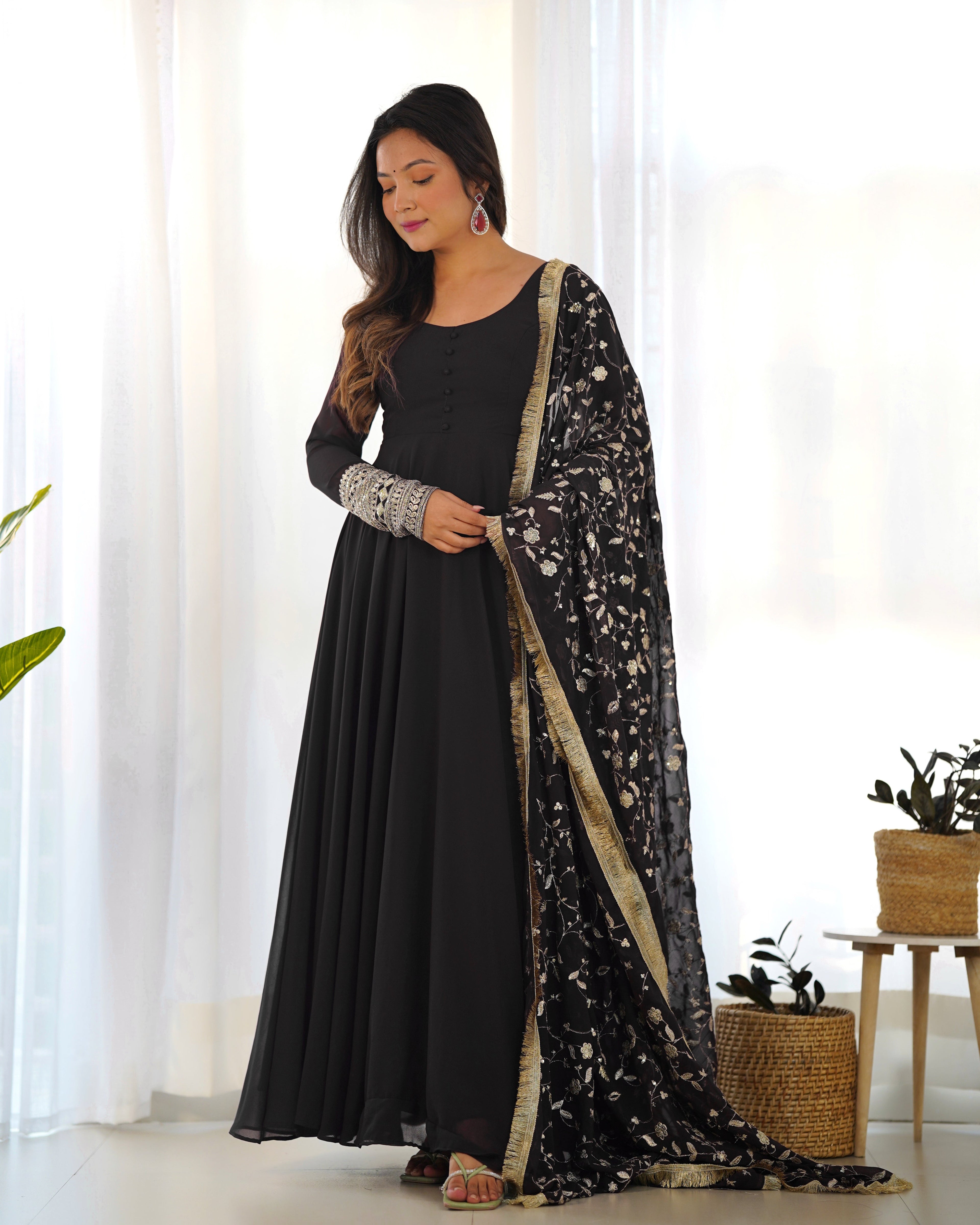 Lorenvalley Women Georgette Anarkali Gown Duppta Full Set With Pent Ready To Wear - Black
