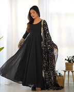 Lorenvalley Women Georgette Anarkali Gown Duppta Full Set With Pent Ready To Wear - Black