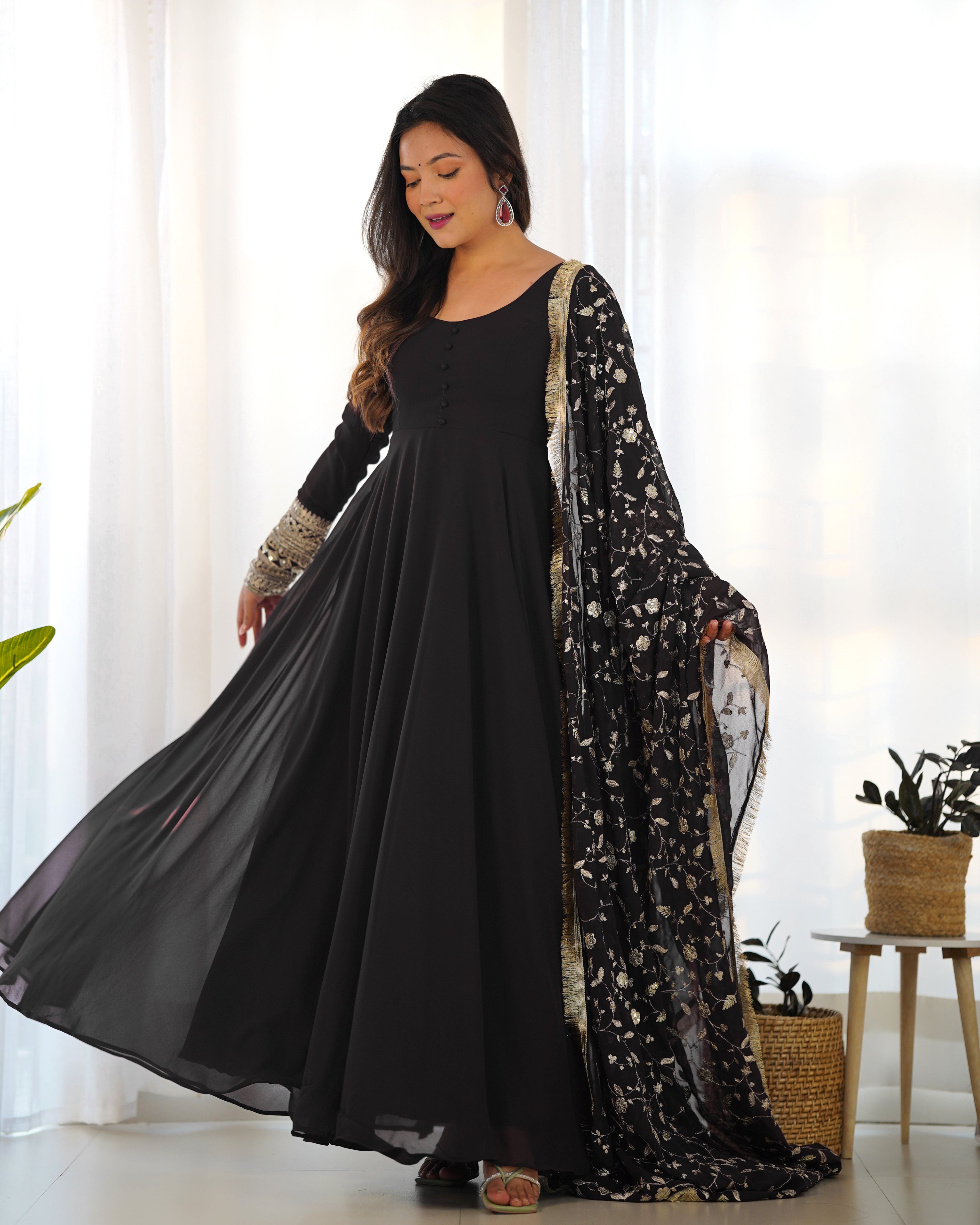 Lorenvalley Women Georgette Anarkali Gown Duppta Full Set With Pent Ready To Wear - Black