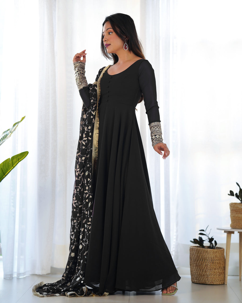 Lorenvalley Women Georgette Anarkali Gown Duppta Full Set With Pent Ready To Wear - Black
