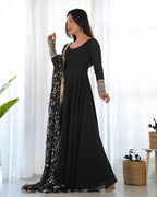 Lorenvalley Women Georgette Anarkali Gown Duppta Full Set With Pent Ready To Wear - Black