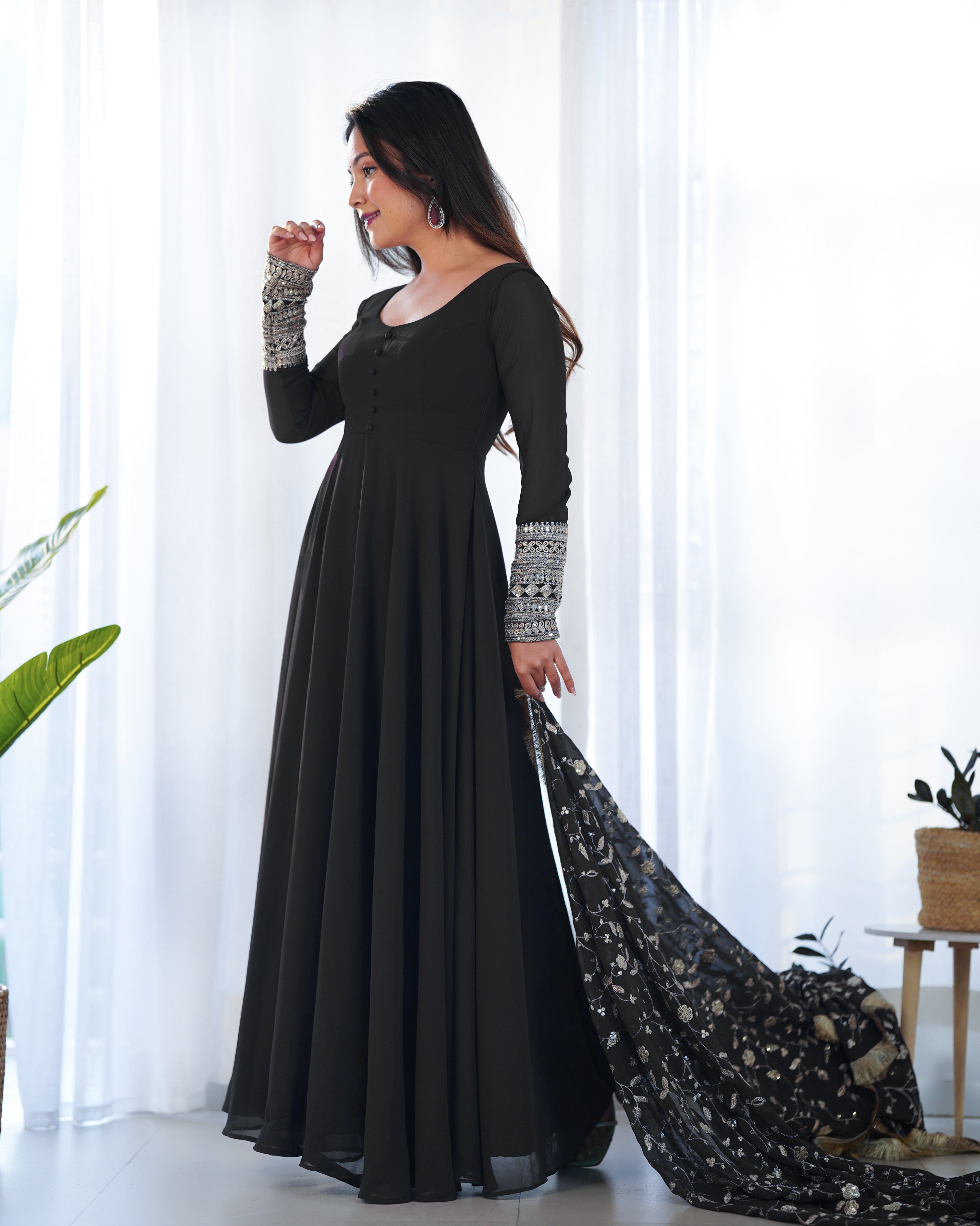 Lorenvalley Women Georgette Anarkali Gown Duppta Full Set With Pent Ready To Wear - Black