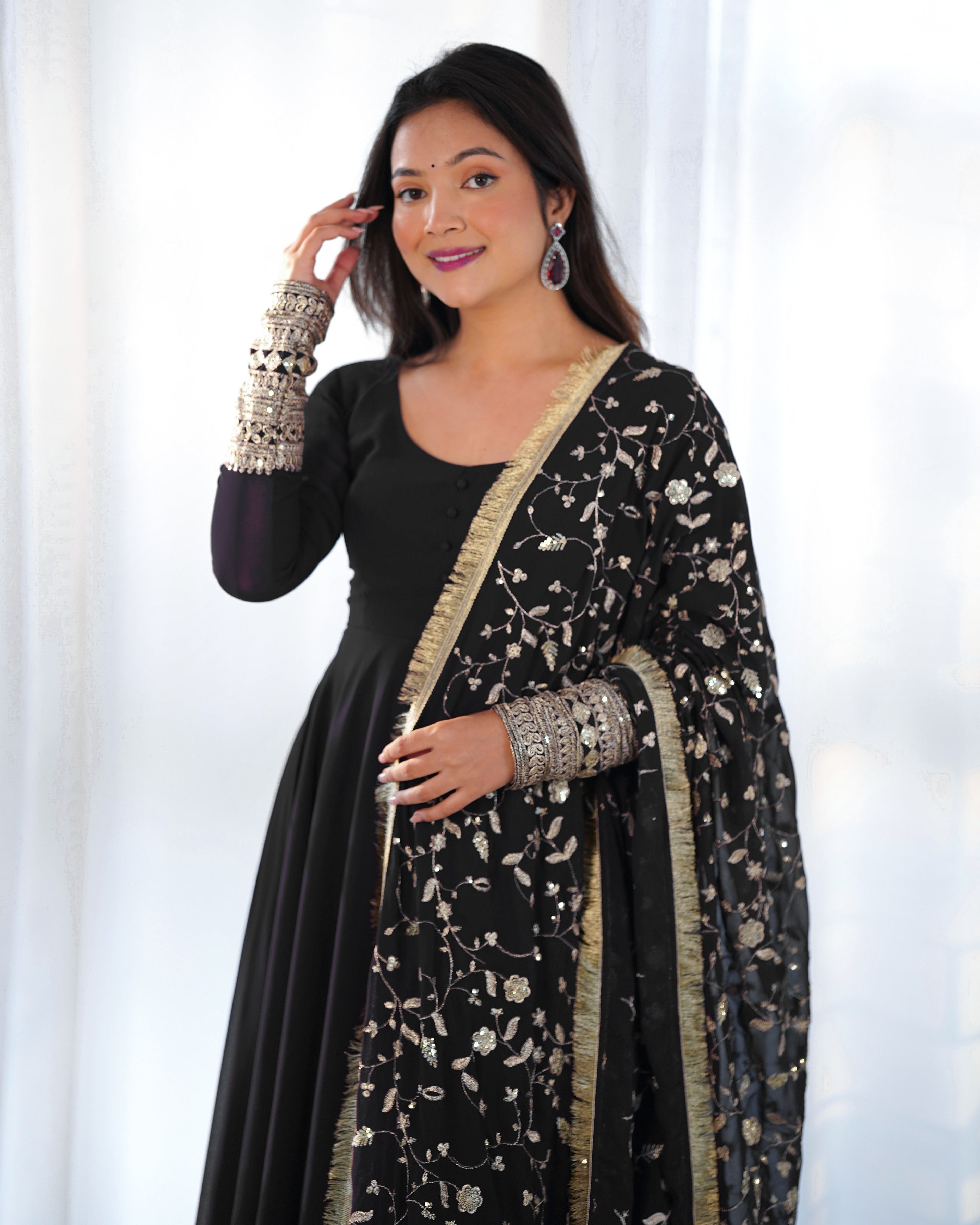 Lorenvalley Women Georgette Anarkali Gown Duppta Full Set With Pent Ready To Wear - Black