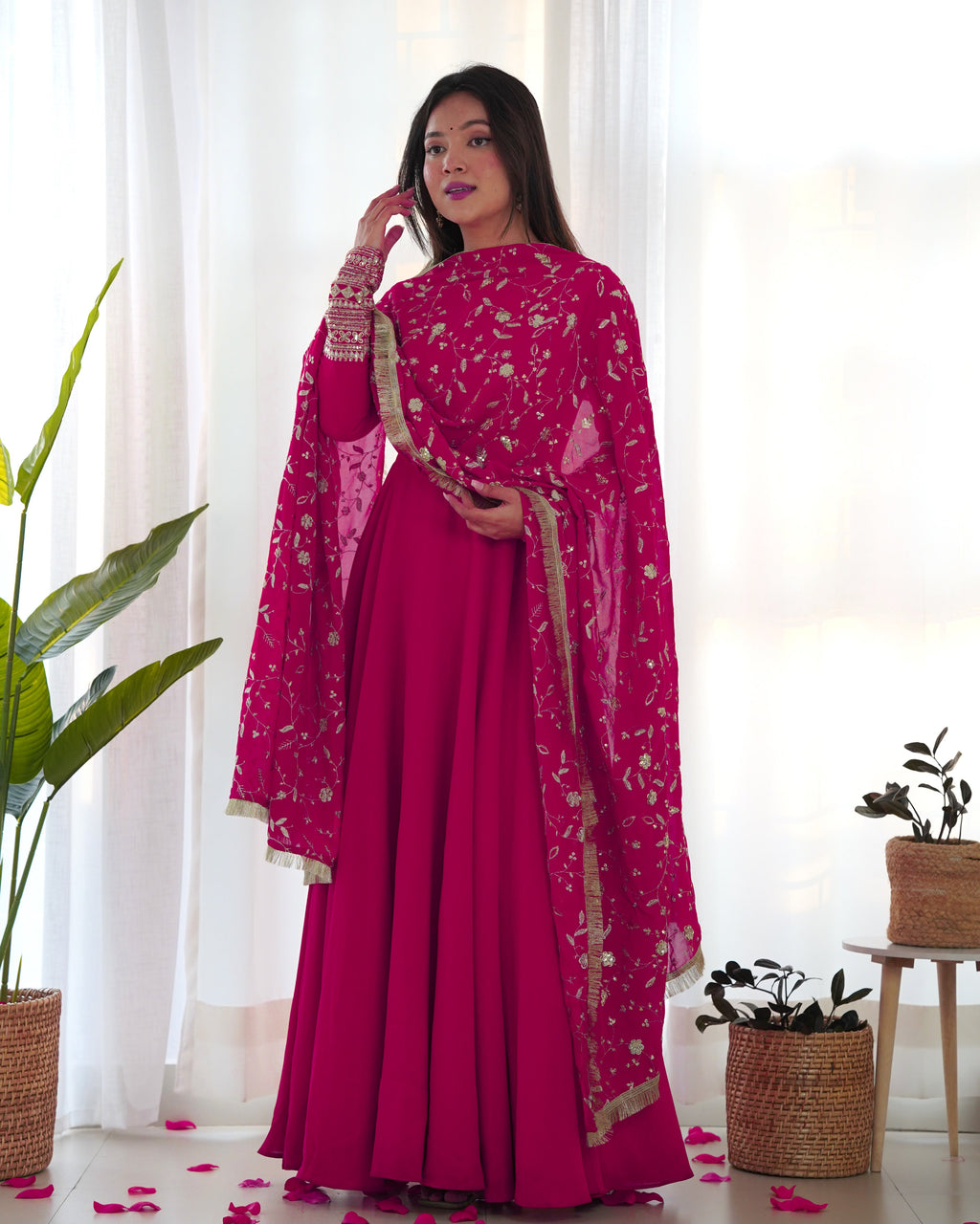 Lorenvalley Women Georgette Anarkali Gown Duppta Full Set With Pent Ready To Wear - Magenta