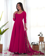 Lorenvalley Women Georgette Anarkali Gown Duppta Full Set With Pent Ready To Wear - Magenta