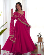 Lorenvalley Women Georgette Anarkali Gown Duppta Full Set With Pent Ready To Wear - Magenta