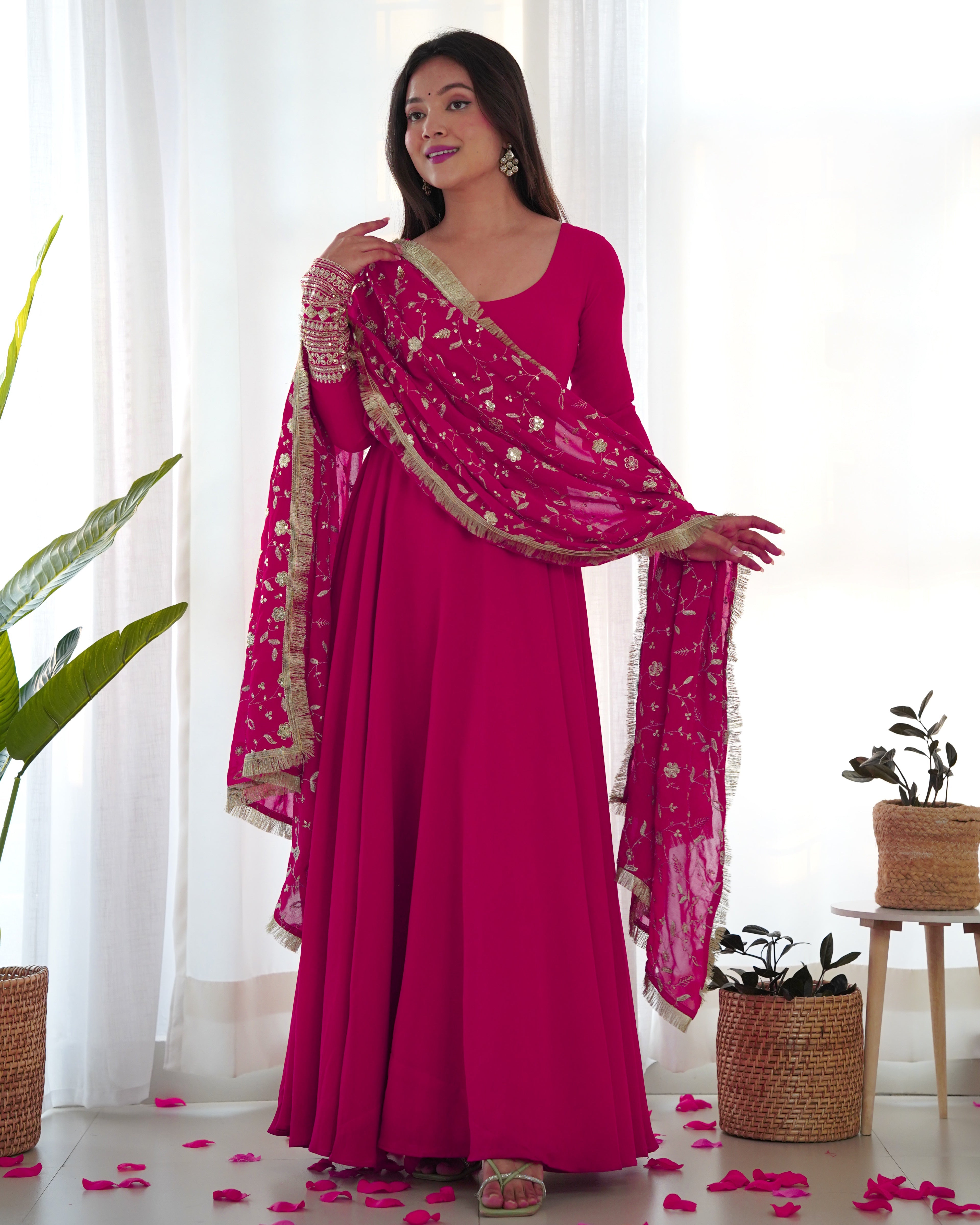 Lorenvalley Women Georgette Anarkali Gown Duppta Full Set With Pent Ready To Wear - Magenta