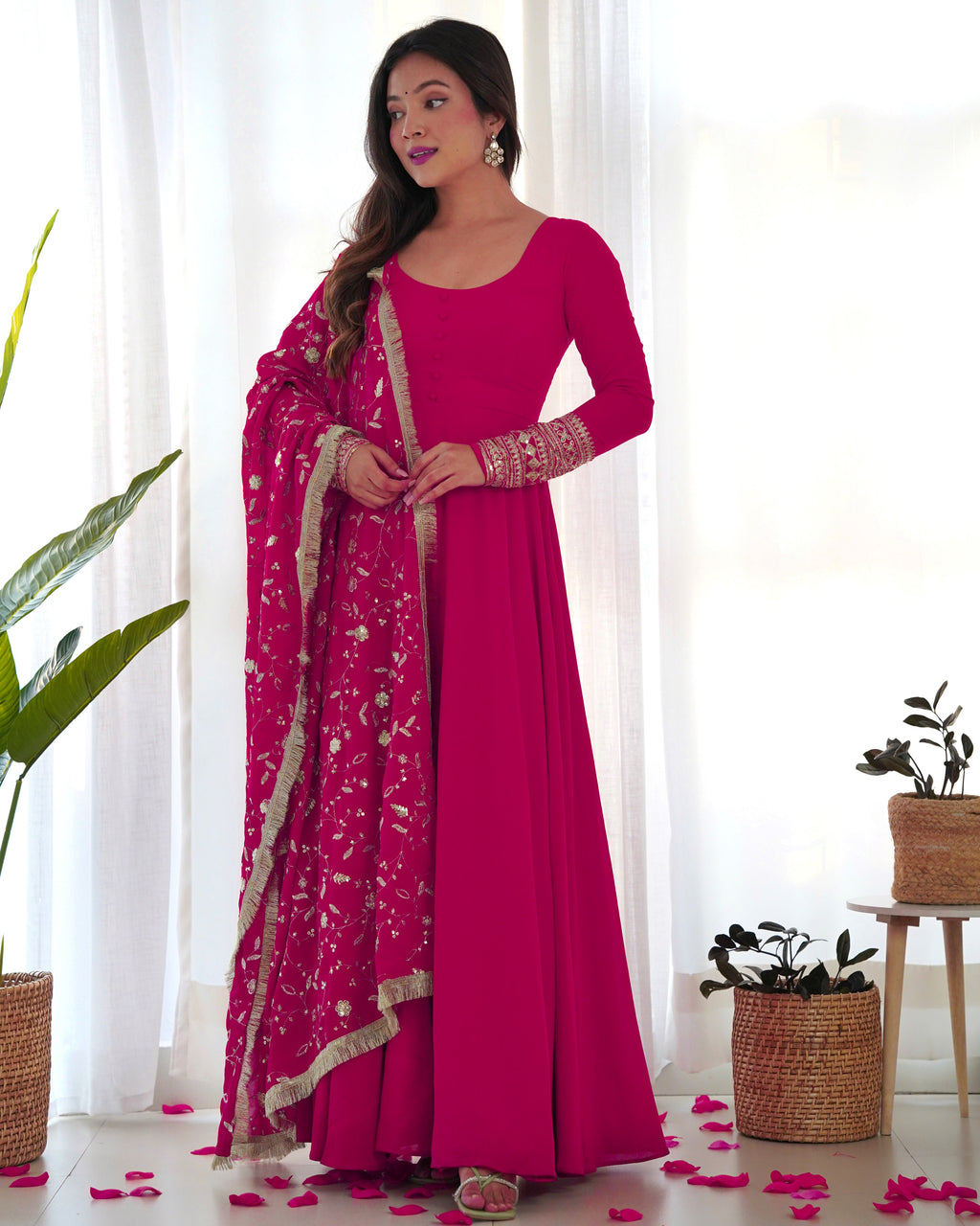 Lorenvalley Women Georgette Anarkali Gown Duppta Full Set With Pent Ready To Wear - Magenta