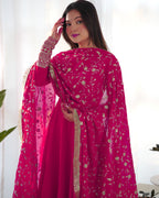 Lorenvalley Women Georgette Anarkali Gown Duppta Full Set With Pent Ready To Wear - Magenta