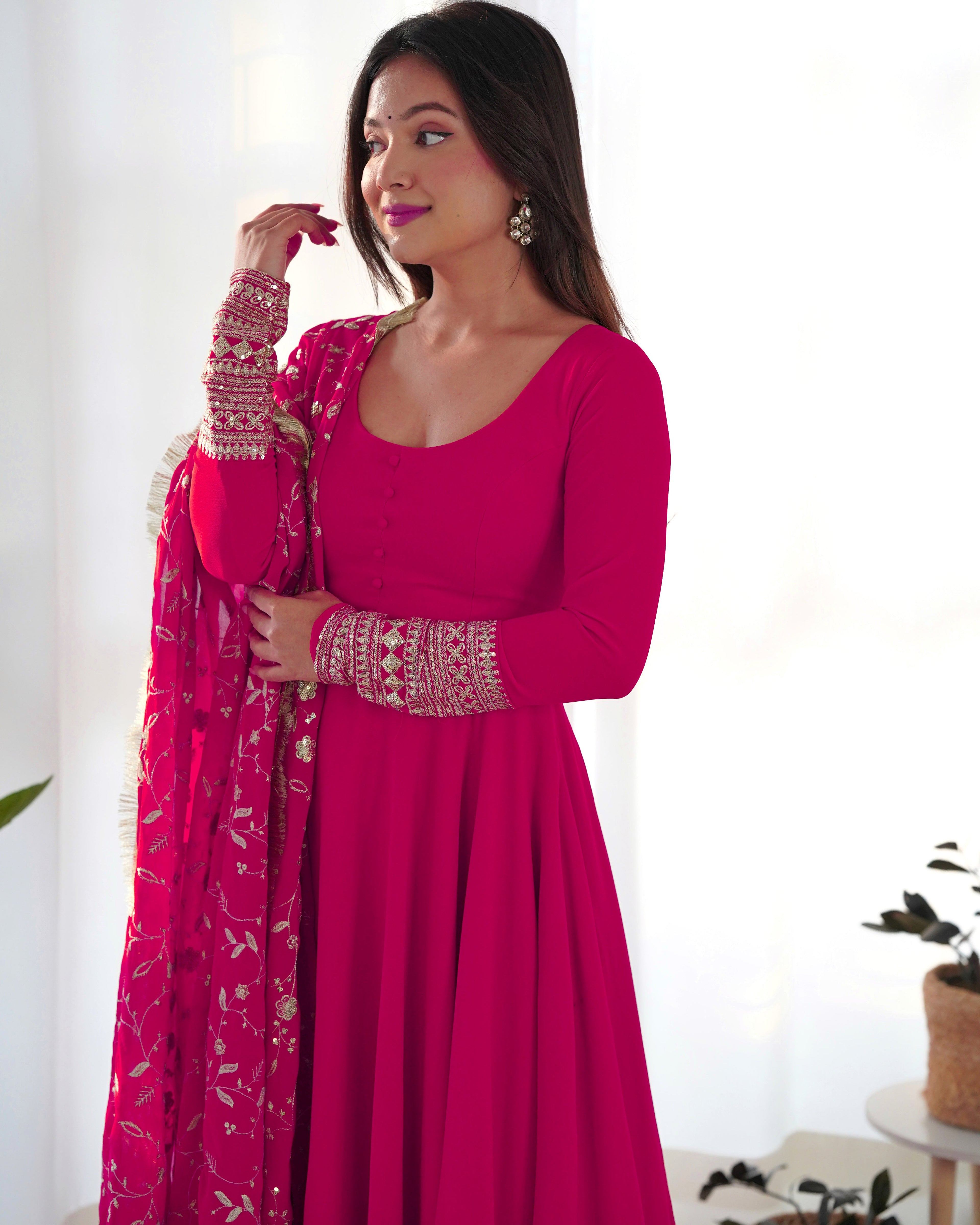 Lorenvalley Women Georgette Anarkali Gown Duppta Full Set With Pent Ready To Wear - Magenta