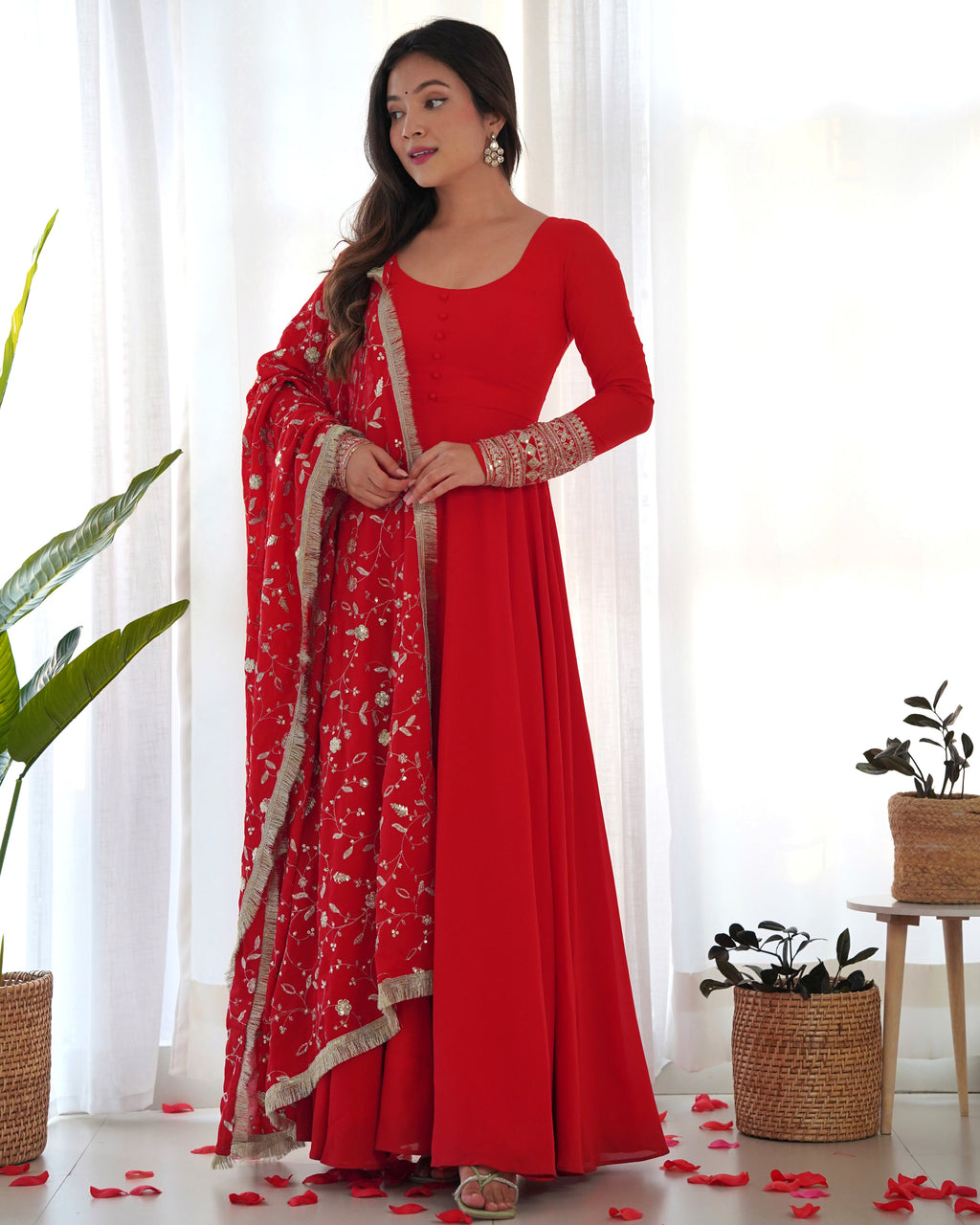Lorenvalley Women Georgette Anarkali Gown Duppta Full Set With Pent Ready To Wear - Red