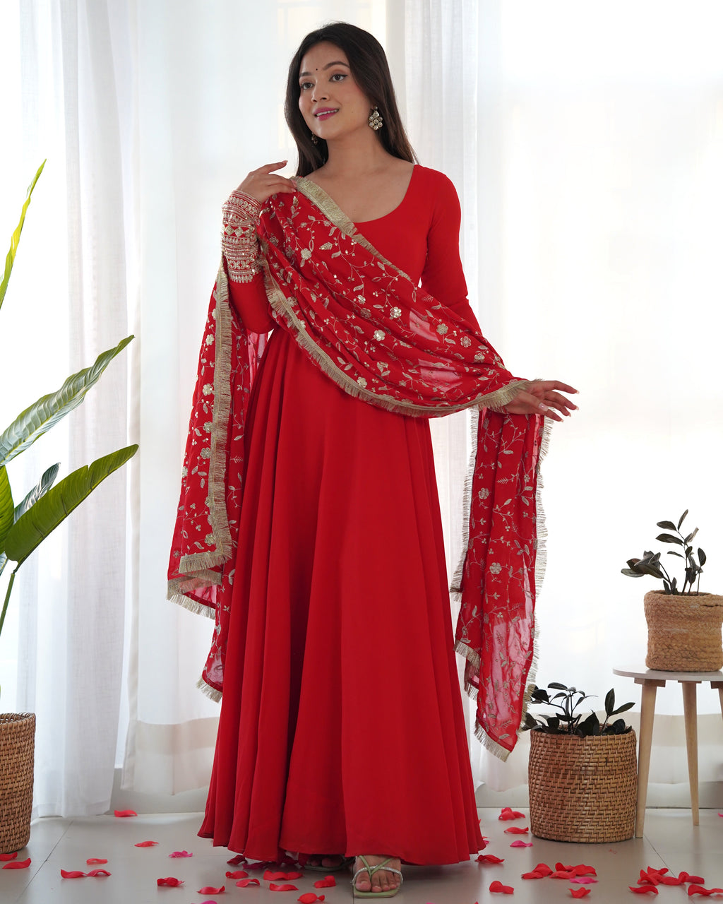 Lorenvalley Women Georgette Anarkali Gown Duppta Full Set With Pent Ready To Wear - Red