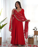 Lorenvalley Women Georgette Anarkali Gown Duppta Full Set With Pent Ready To Wear - Red