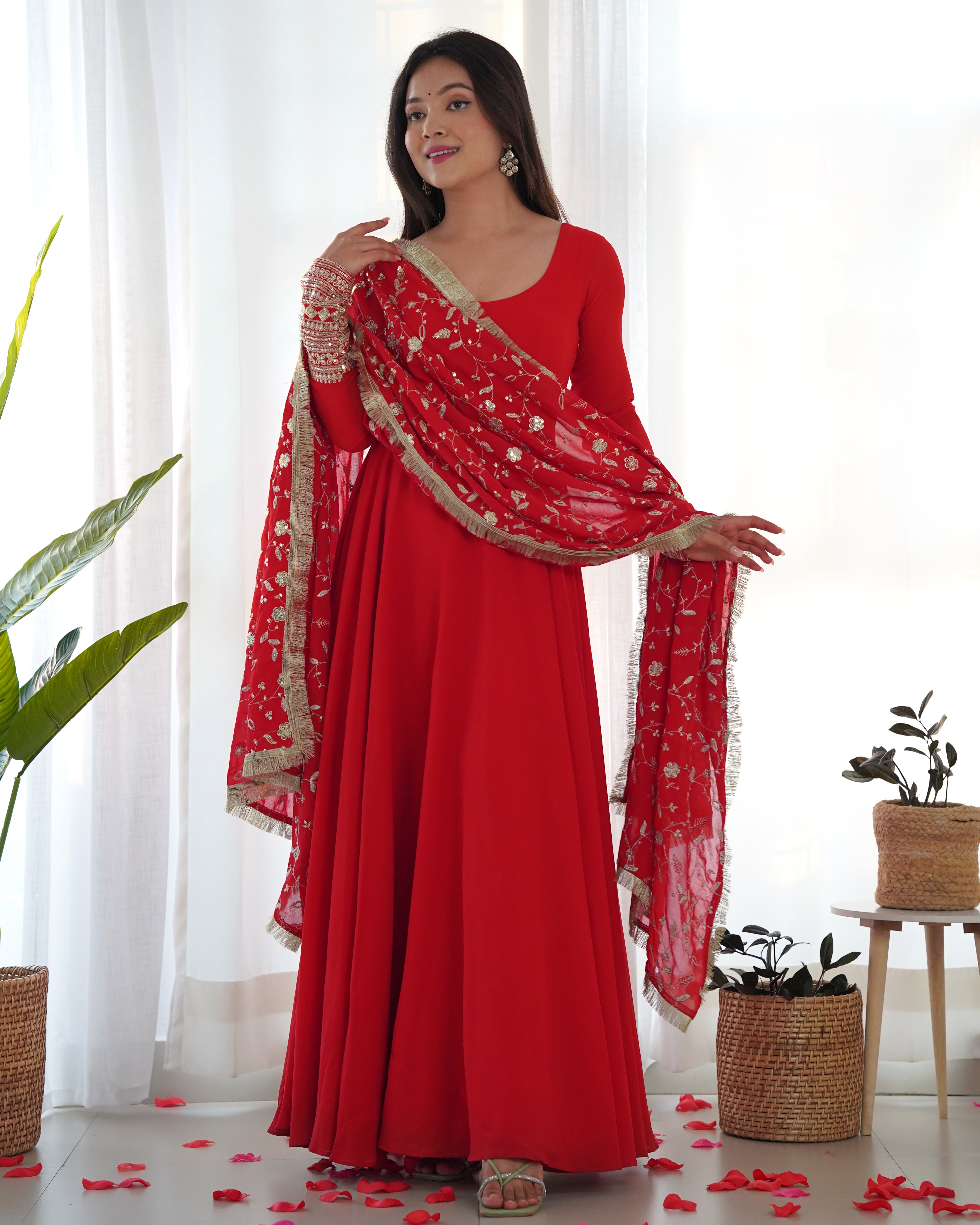 Lorenvalley Women Georgette Anarkali Gown Duppta Full Set With Pent Ready To Wear - Red