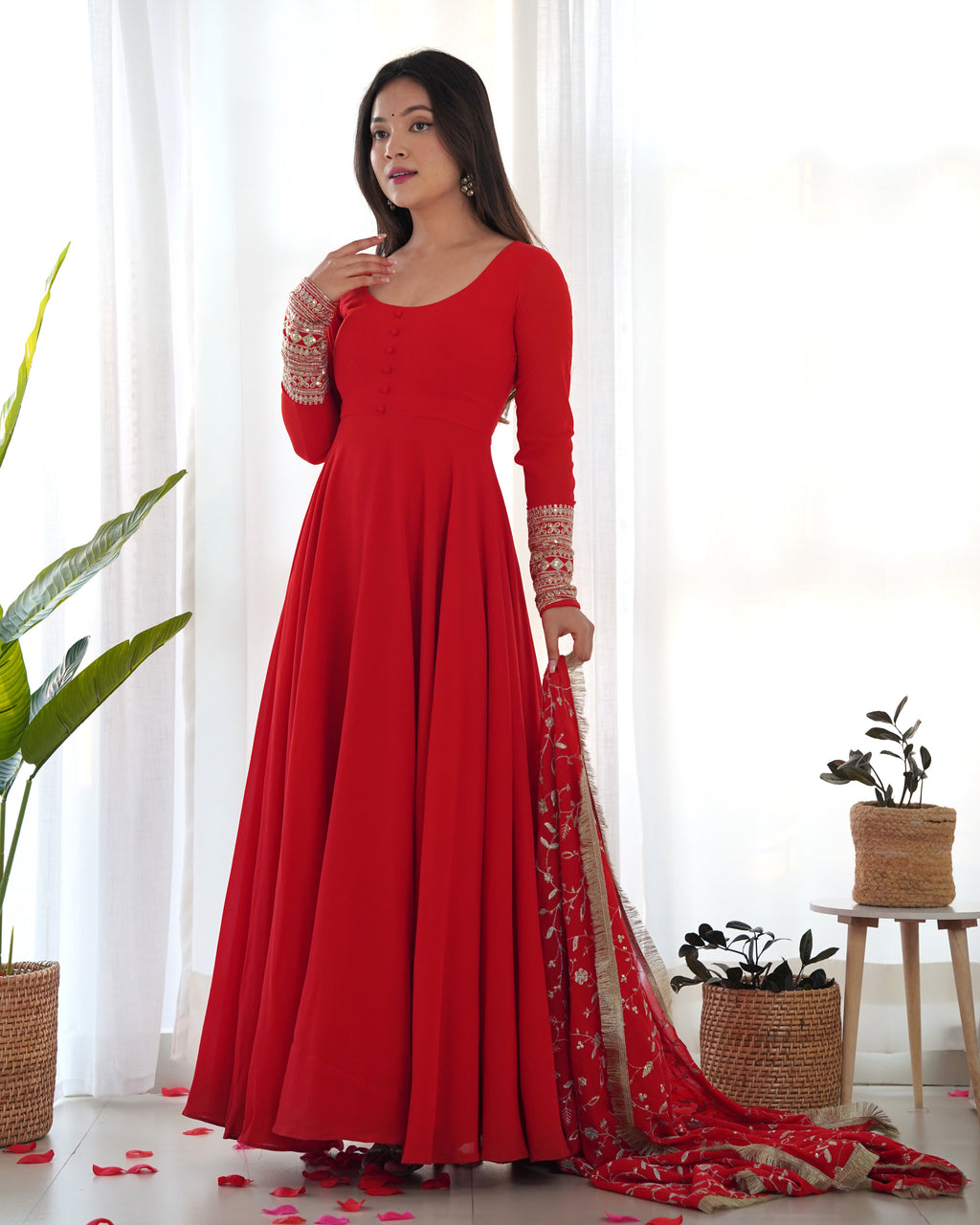 Lorenvalley Women Georgette Anarkali Gown Duppta Full Set With Pent Ready To Wear - Red