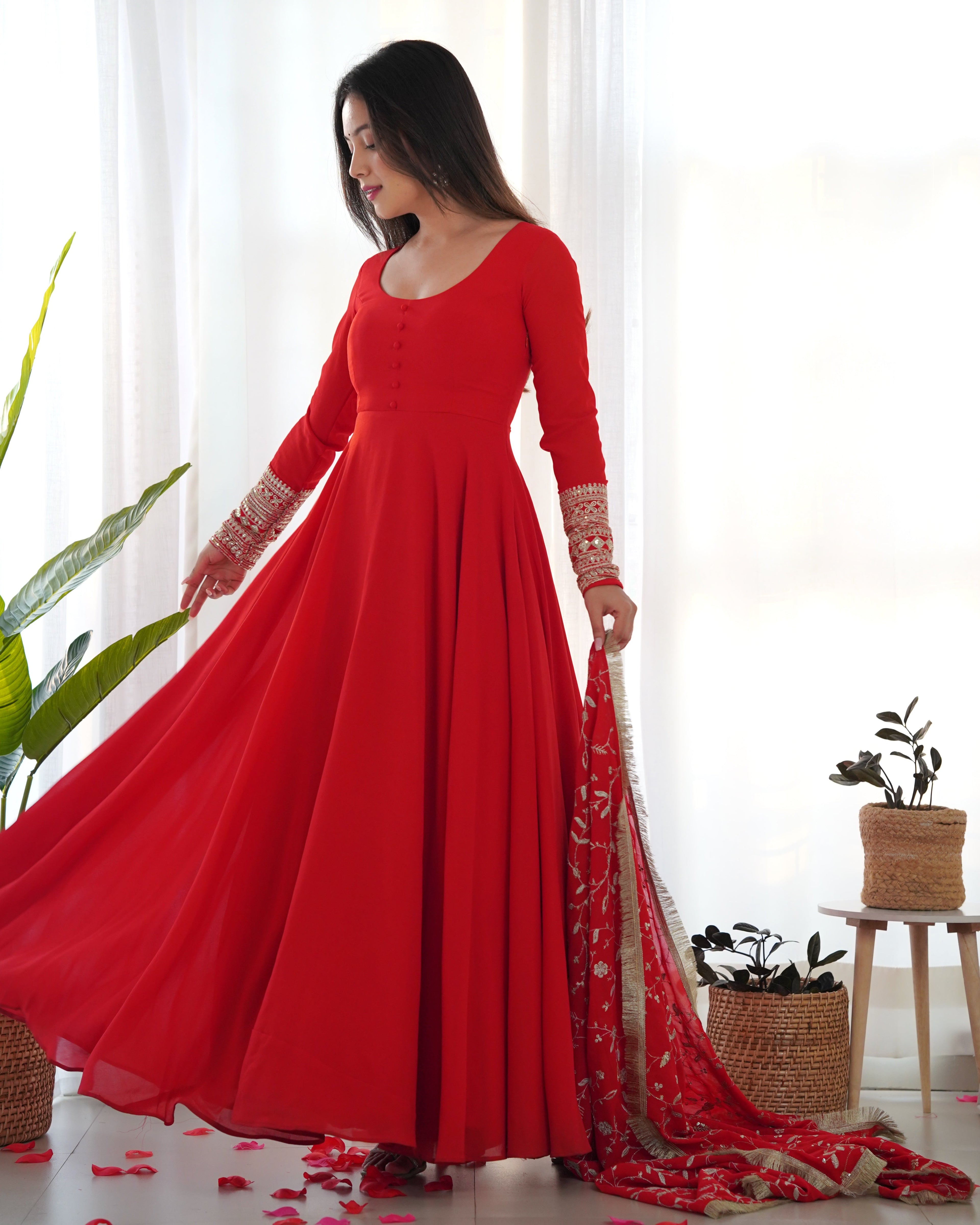 Lorenvalley Women Georgette Anarkali Gown Duppta Full Set With Pent Ready To Wear - Red