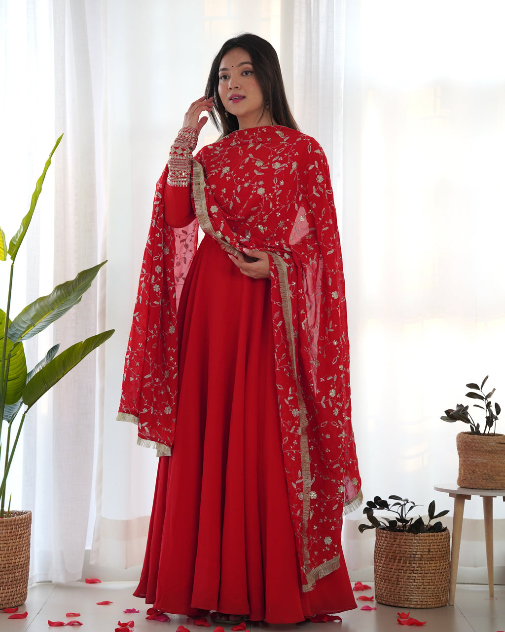 Lorenvalley Women Georgette Anarkali Gown Duppta Full Set With Pent Ready To Wear - Red