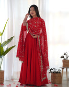 Lorenvalley Women Georgette Anarkali Gown Duppta Full Set With Pent Ready To Wear - Red