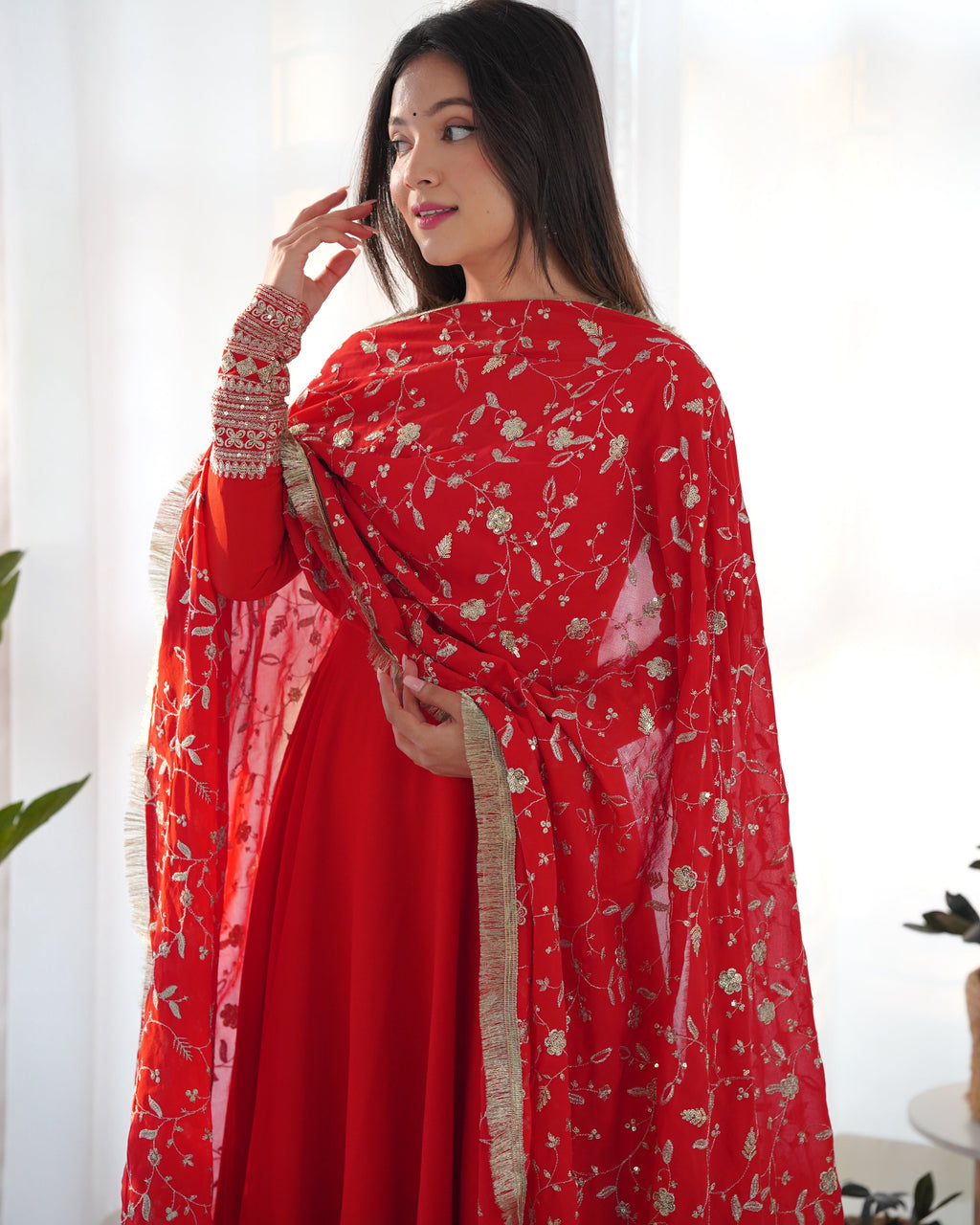 Lorenvalley Women Georgette Anarkali Gown Duppta Full Set With Pent Ready To Wear - Red