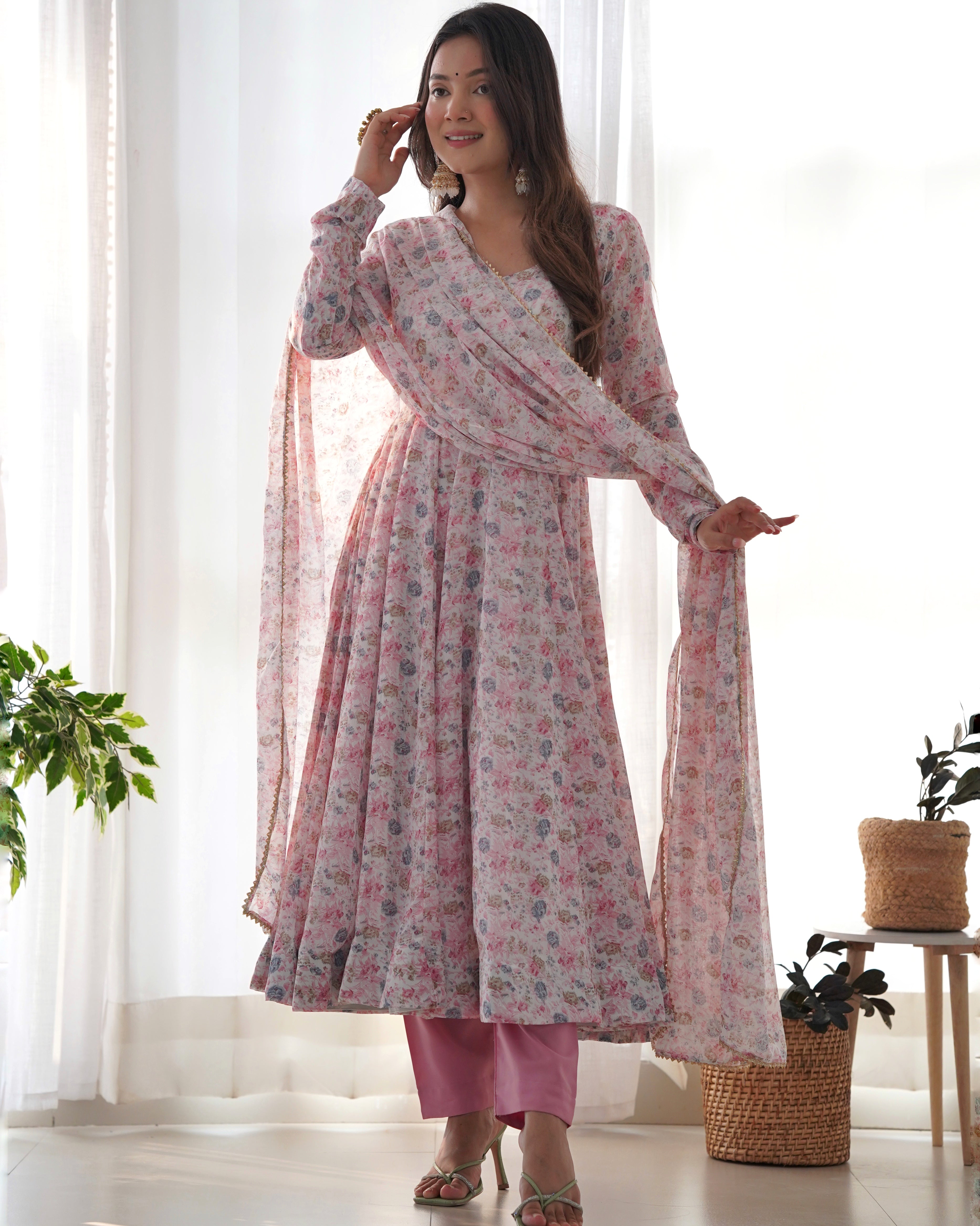 Lorenvalley Fashion Women Pure Orange Chiffon Floral Print Fully Flair Anarkali Kurta Pant With Dupatta Set - Pink