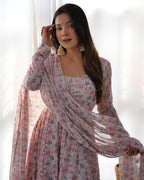 Lorenvalley Fashion Women Pure Orange Chiffon Floral Print Fully Flair Anarkali Kurta Pant With Dupatta Set - Pink