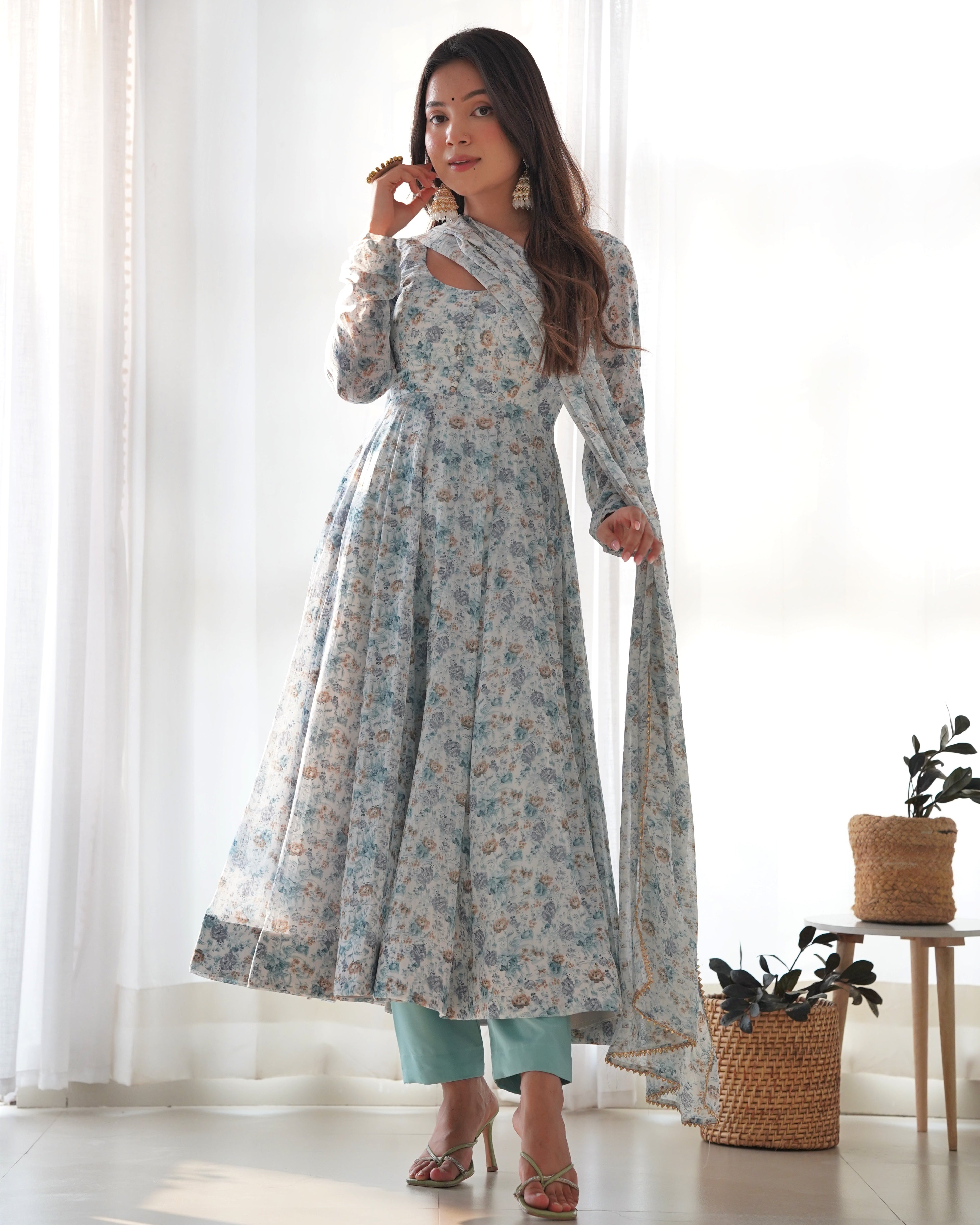 Lorenvalley Fashion Women Pure Orange Chiffon Floral Print Fully Flair Anarkali Kurta Pant With Dupatta Set - Skyblue