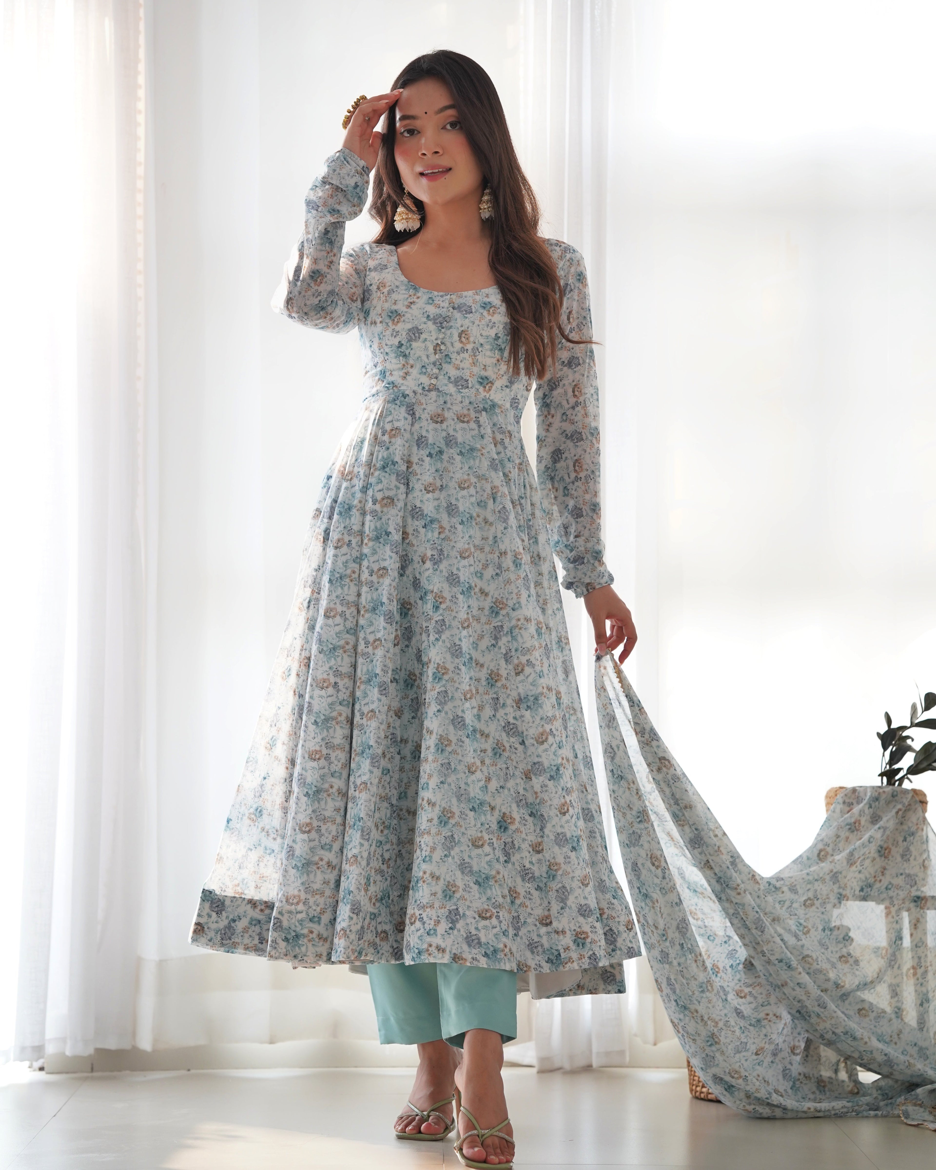 Lorenvalley Fashion Women Pure Orange Chiffon Floral Print Fully Flair Anarkali Kurta Pant With Dupatta Set - Skyblue