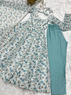 Lorenvalley Fashion Women Pure Orange Chiffon Floral Print Fully Flair Anarkali Kurta Pant With Dupatta Set - Skyblue