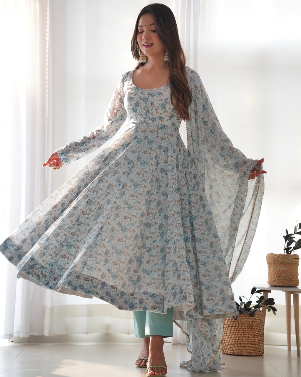 Lorenvalley Fashion Women Pure Orange Chiffon Floral Print Fully Flair Anarkali Kurta Pant With Dupatta Set - Skyblue