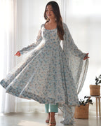 Lorenvalley Fashion Women Pure Orange Chiffon Floral Print Fully Flair Anarkali Kurta Pant With Dupatta Set - Skyblue