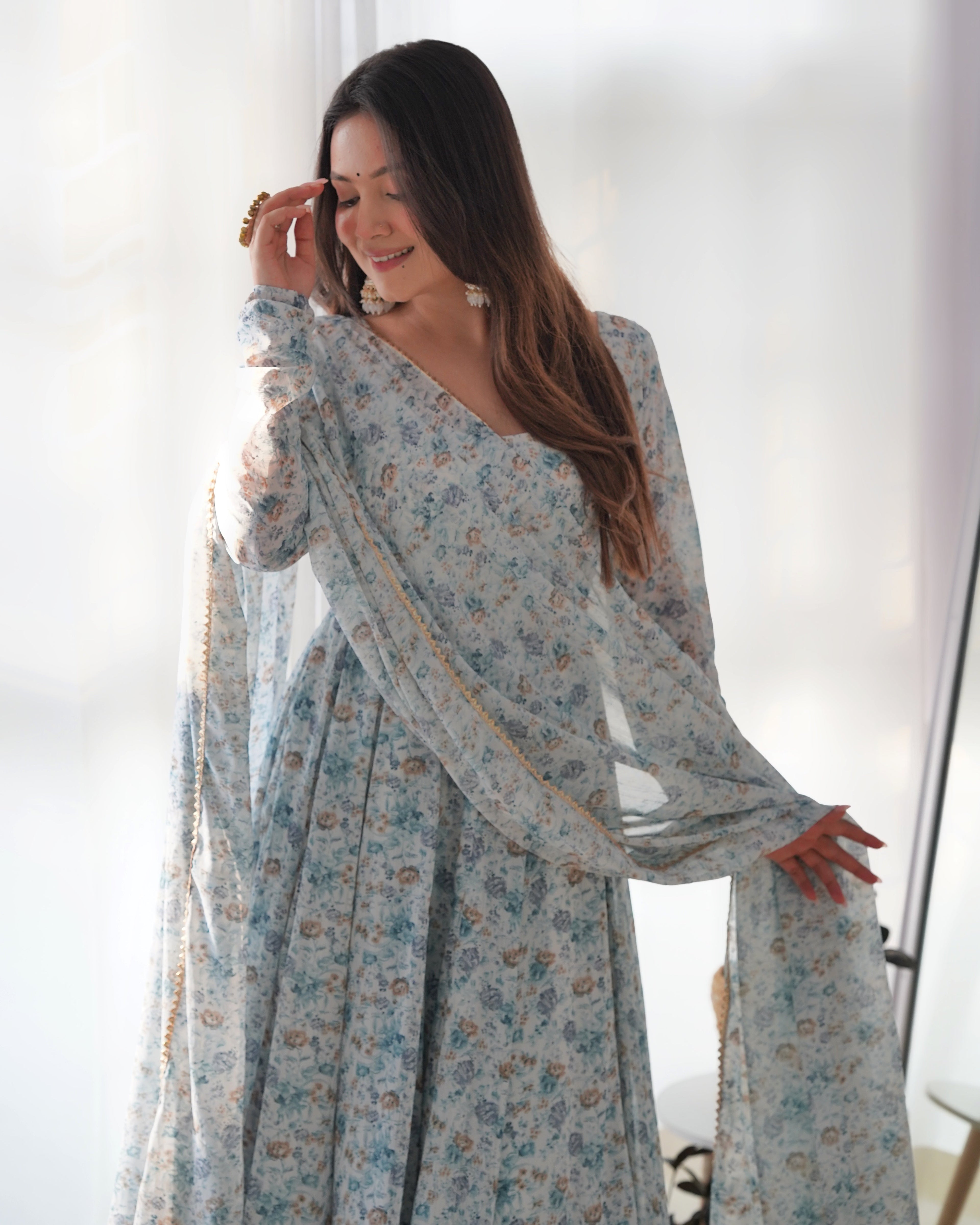 Lorenvalley Fashion Women Pure Orange Chiffon Floral Print Fully Flair Anarkali Kurta Pant With Dupatta Set - Skyblue