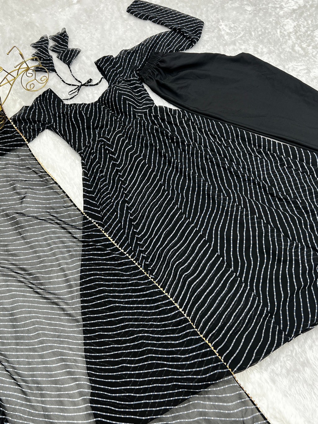 Lorenvalley Fashion Women Pure Soft Faux Georgette Laheriya Print Fully Flair Anarkali Kurta Pant With Dupatta Set - Black