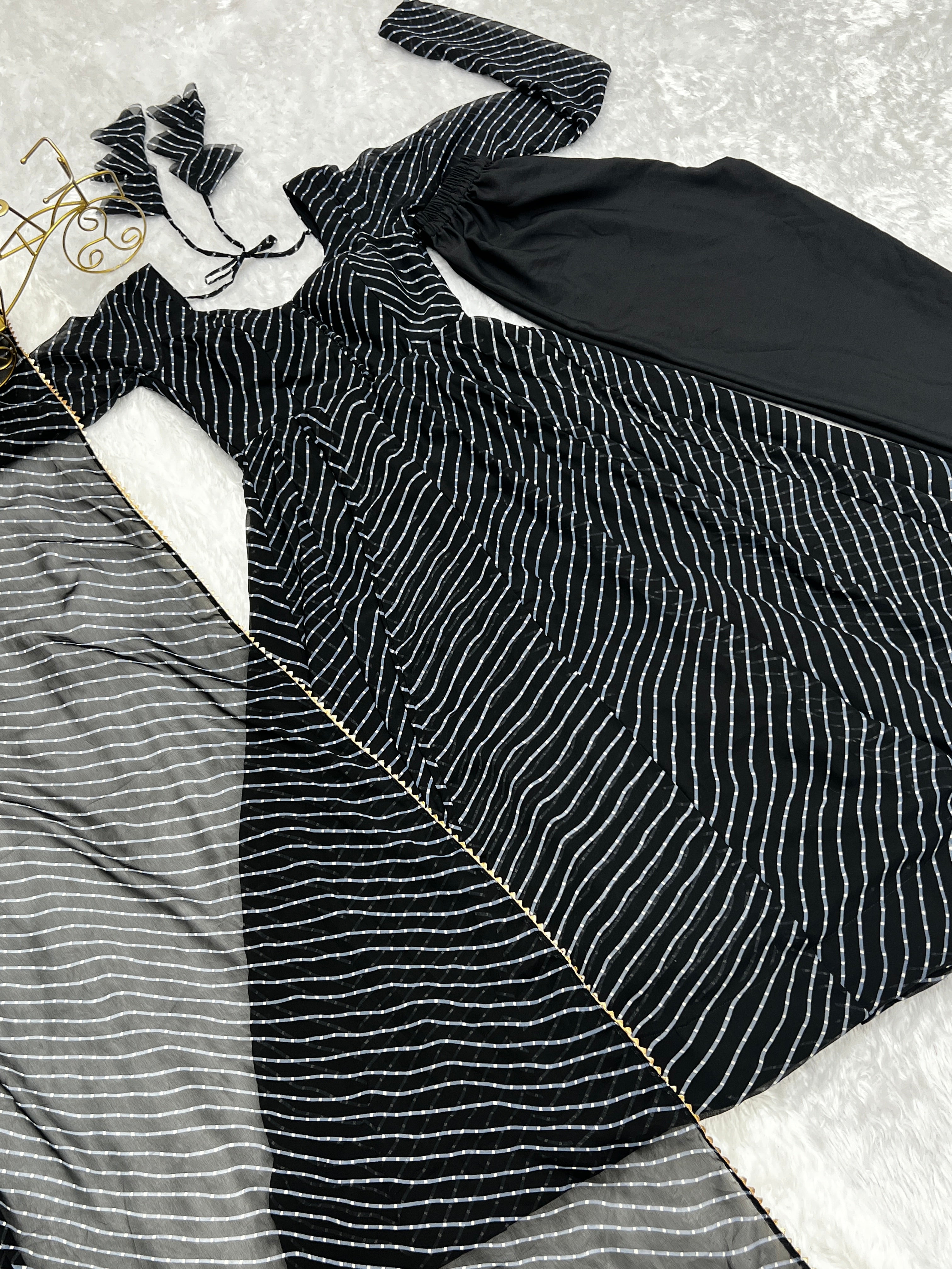 Lorenvalley Fashion Women Pure Soft Faux Georgette Laheriya Print Fully Flair Anarkali Kurta Pant With Dupatta Set - Black