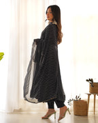 Lorenvalley Fashion Women Pure Soft Faux Georgette Laheriya Print Fully Flair Anarkali Kurta Pant With Dupatta Set - Black