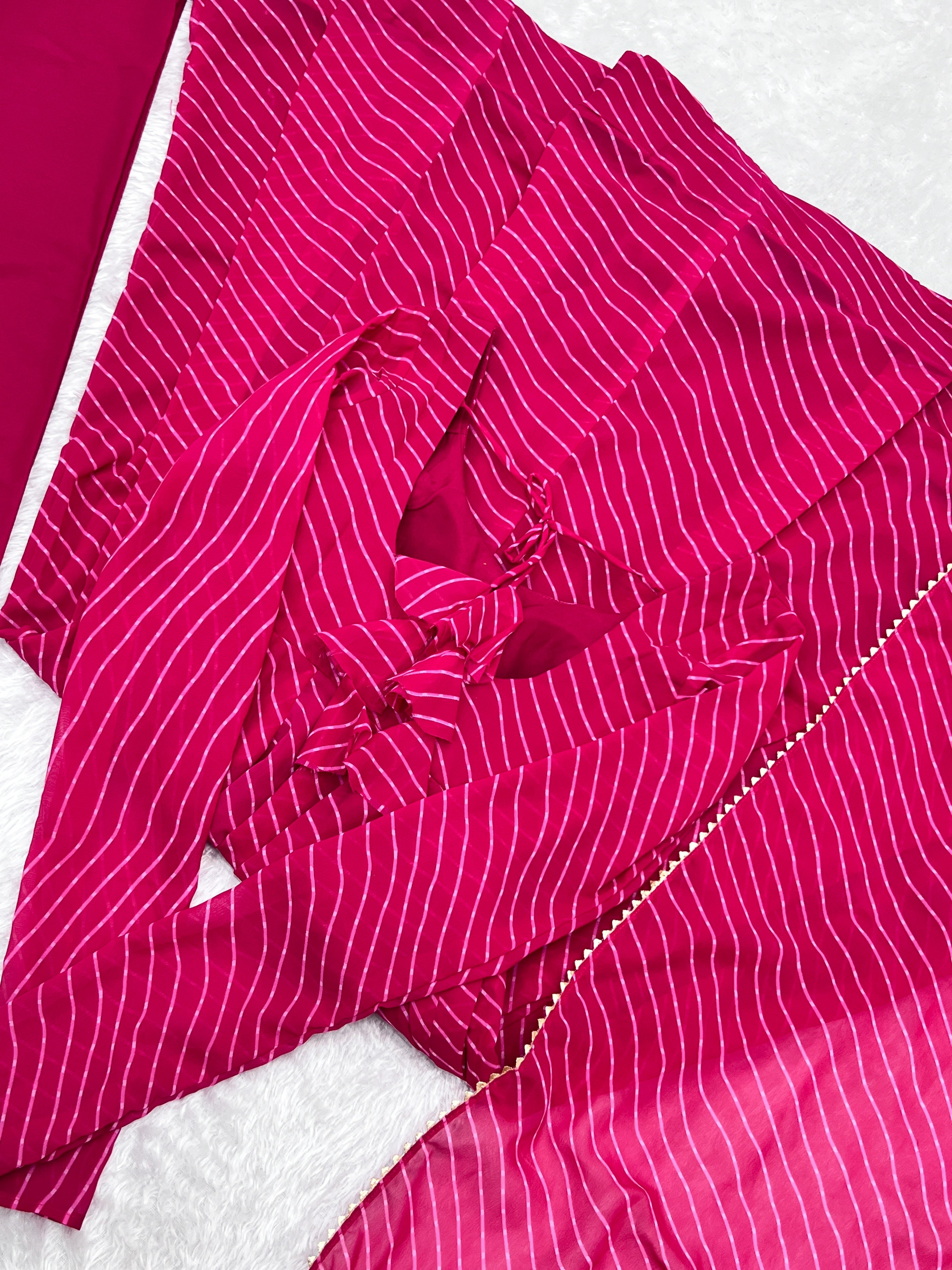 Lorenvalley Fashion Women Pure Soft Faux Georgette Laheriya Print Fully Flair Anarkali Kurta Pant With Dupatta Set - Magenta