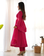 Lorenvalley Fashion Women Pure Soft Faux Georgette Laheriya Print Fully Flair Anarkali Kurta Pant With Dupatta Set - Magenta