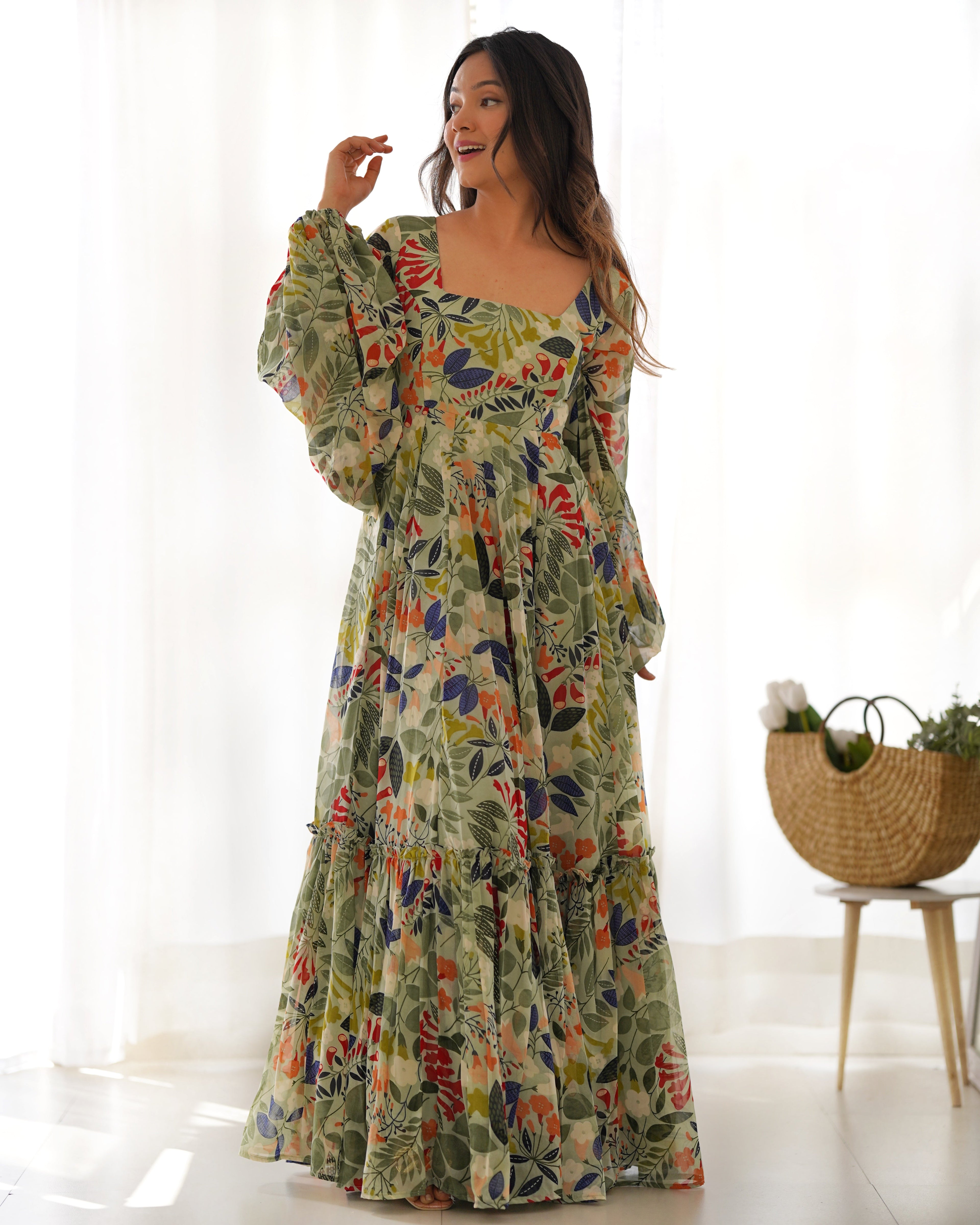 Lorenvalley Women Pure Soft Faux Georgette Floral Print Anarkali Gown - Seagreen