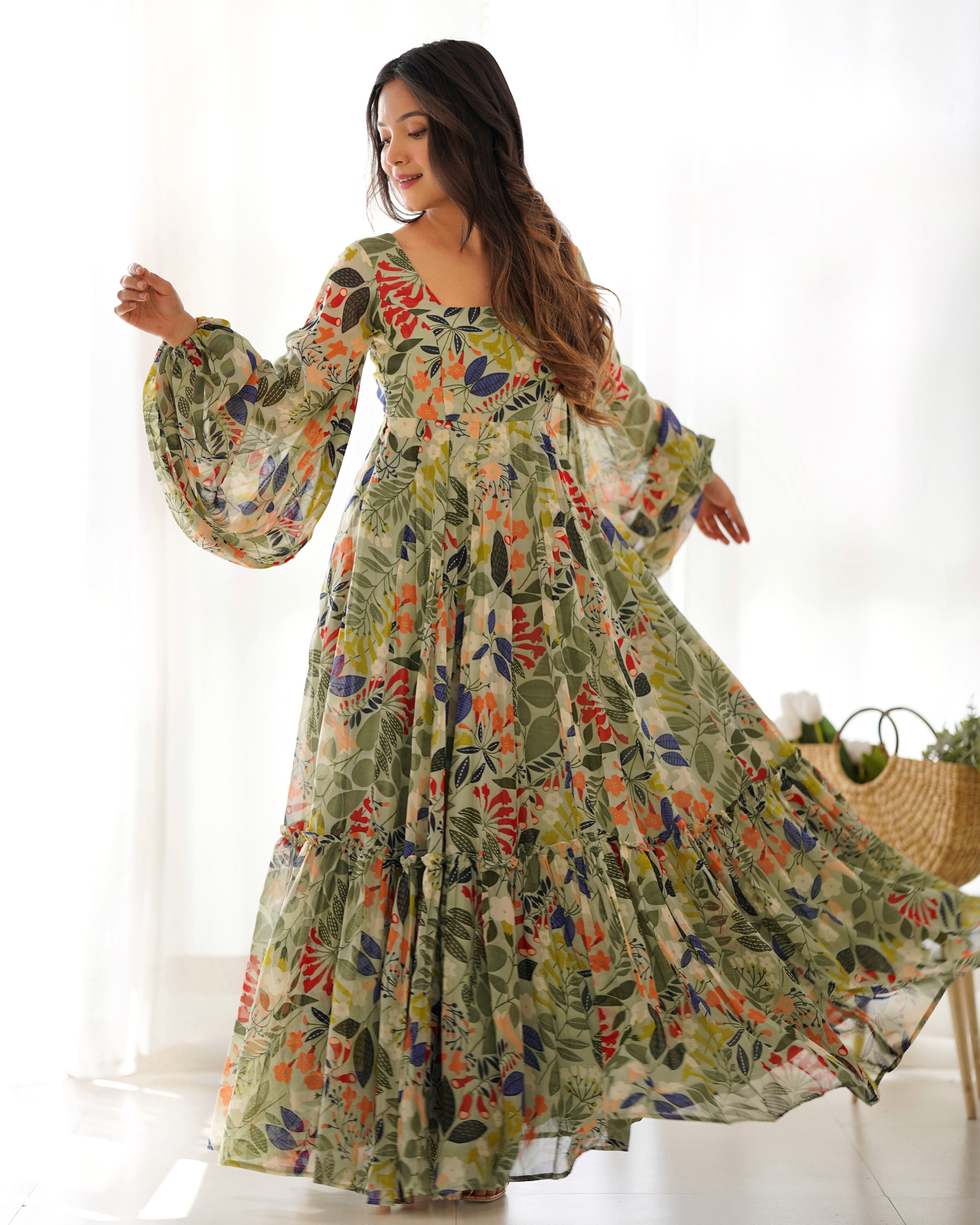 Lorenvalley Women Pure Soft Faux Georgette Floral Print Anarkali Gown - Seagreen