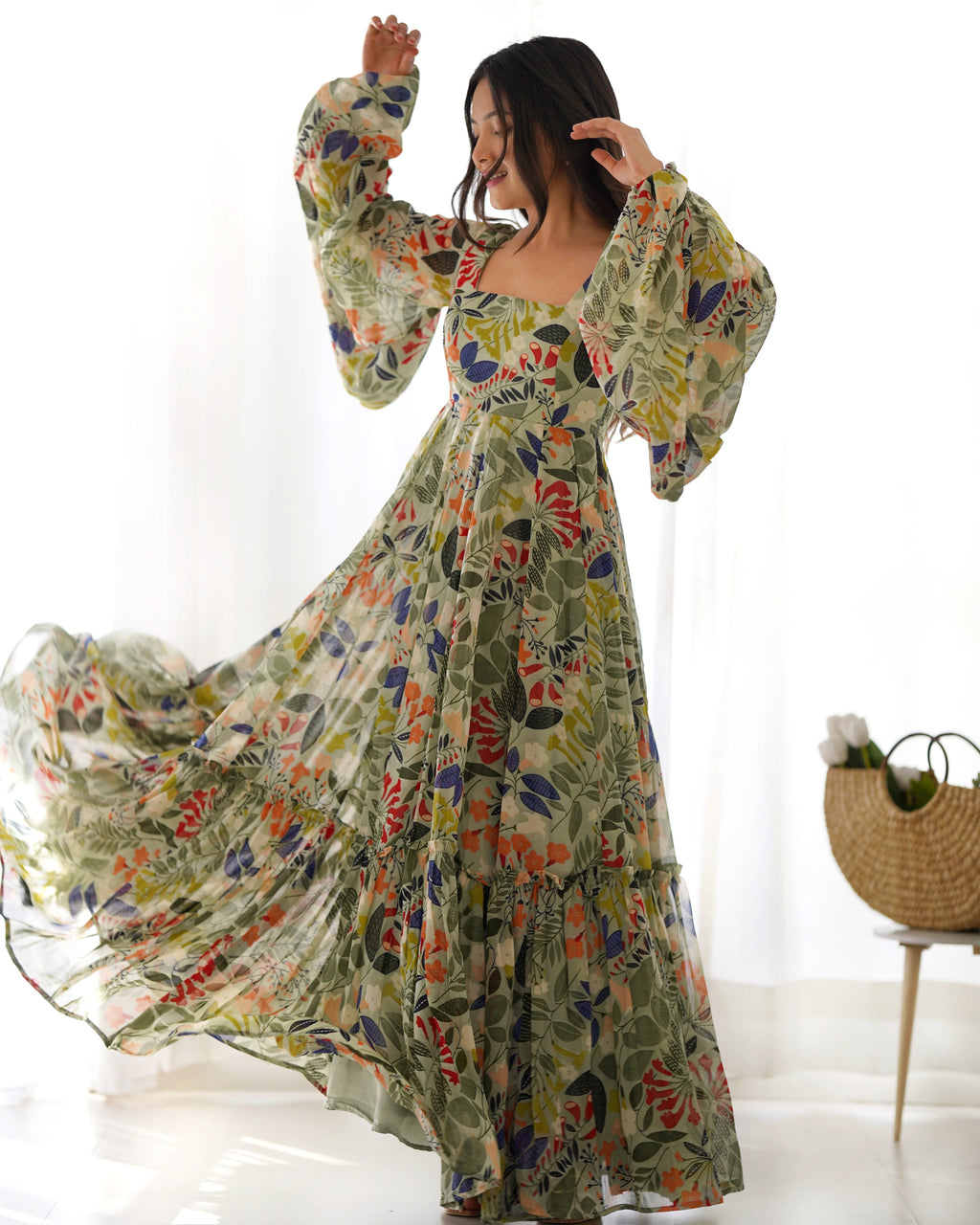 Lorenvalley Women Pure Soft Faux Georgette Floral Print Anarkali Gown - Seagreen