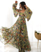 Lorenvalley Women Pure Soft Faux Georgette Floral Print Anarkali Gown - Seagreen