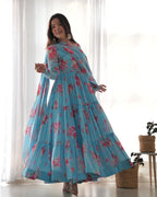Lorenvalley Fashion Women Pure Soft Faux Georgette Floral Print Fully Flair Anarkali Kurta Pant With Dupatta Set - Skyblue