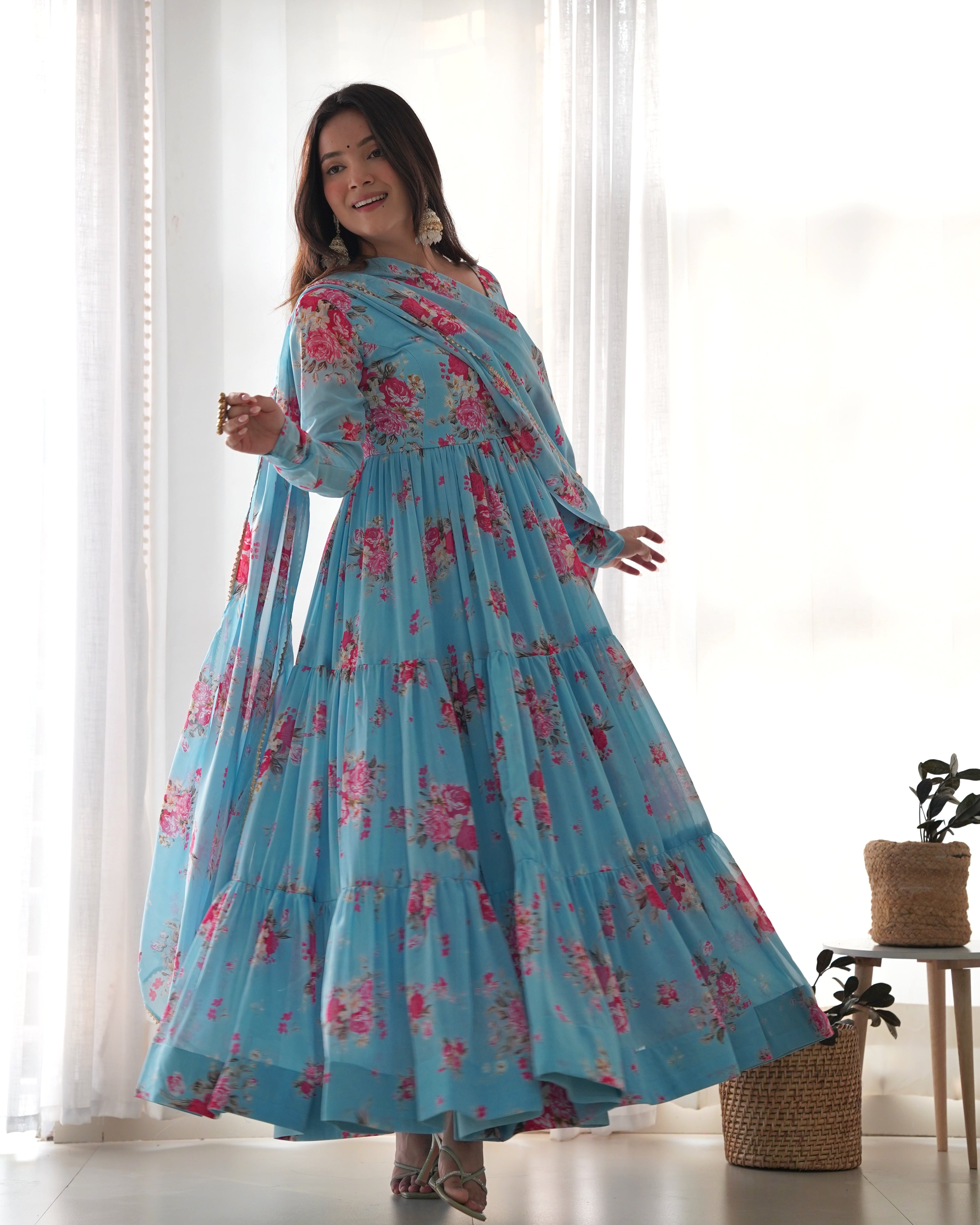 Lorenvalley Fashion Women Pure Soft Faux Georgette Floral Print Fully Flair Anarkali Kurta Pant With Dupatta Set - Skyblue