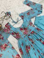 Lorenvalley Fashion Women Pure Soft Faux Georgette Floral Print Fully Flair Anarkali Kurta Pant With Dupatta Set - Skyblue