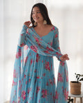 Lorenvalley Fashion Women Pure Soft Faux Georgette Floral Print Fully Flair Anarkali Kurta Pant With Dupatta Set - Skyblue