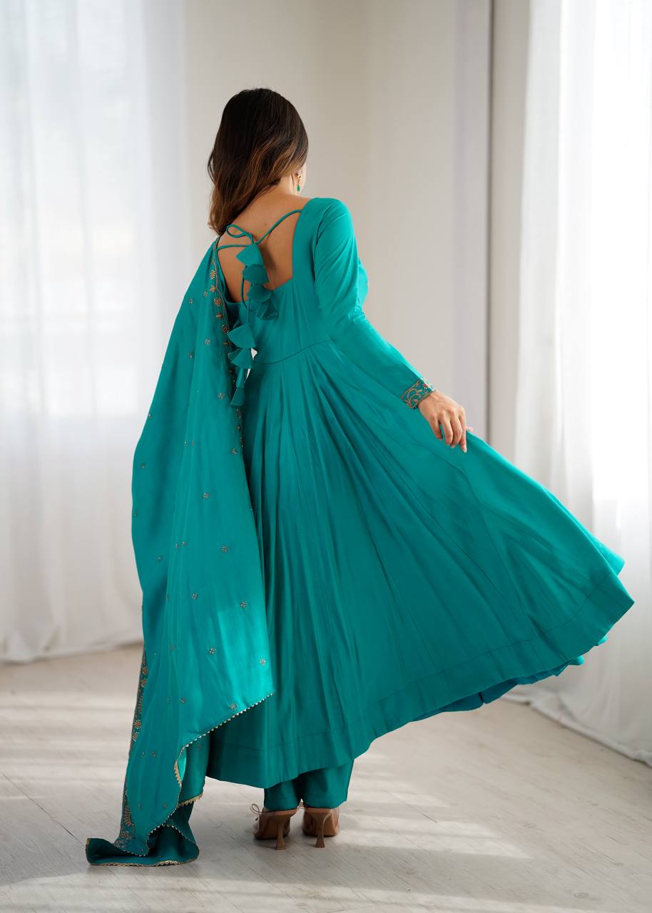 Evanik Rama Pure Roman Shimmer Chanderi With Beads Work Wedding Anarkali Suit - Distacart