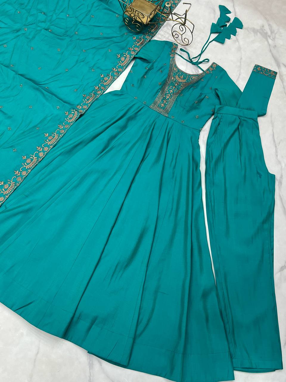 Evanik Rama Pure Roman Shimmer Chanderi With Beads Work Wedding Anarkali Suit - Distacart
