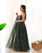Lorenvalley Women Soft Chiffon Bandhej Fabric Print Fully Flair Anarkali With Pant Dupatta Set - Green